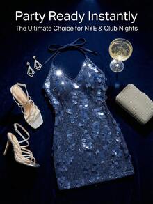 Valentine's Day Women's Halter Neck Deep V-Neck Sequin Glitter Bodycon Mini Dress Sleeveless Cut Out Party Club Evening Outfit - Nhiều màu - Xem 3