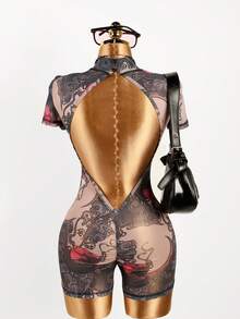 Women's Sexy Mesh Sheer Printed Backless Jumpsuit, Summer - Pink - View 5