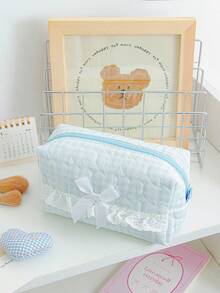 Carino borsa cosmetici imbottita in schiuma con motivo a griglia e a strisce, borse per il trucco con decorazioni in pizzo e fiocco, borsa per cosmetici con motivo a cartoni animati, borsa per cosmetici di grande capacità con cerniera, borsa per cosmetici a forma di cuore, borsa da toilette portatile, borsa da toilette a quadri - Multicolore - Visualizzare 5