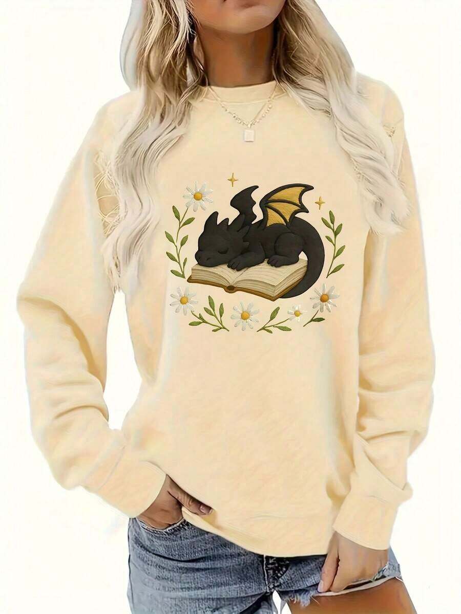 1 PcsWomen'S Black Fantasy Dragon On Book Graphic Sweatshirt - Cozy Pullover With Floral & Starry Night Design, Soft Round Neck Long Sleeve Casual Sweater For Book Lovers & Dragon Enthusiasts, Spring/Fall Literary Inspired Apparel, Fall Sweatshirt For Women, Fall Clothe For Women, Women' Sweatshirt, Sweater For Women, Women Fall Clothe - 杏色 - 查看 1