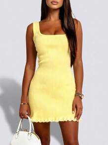 Sedessea 女士时尚优雅休闲简约通勤日常浅黄色纯色荷叶边腋下条纹方领无袖吊带连衣裙，春夏款 - 黃色 - 查看 1