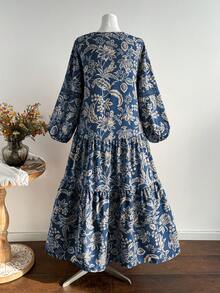 Đầm dáng rộng phong cách Bohemian cổ điển, phối ren hoa tương phản, cỡ lớn, kiểu dáng thường ngày, thích hợp cho kỳ nghỉ, du lịch mùa xuân. - Màu xanh lam - Xem 4