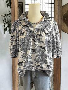 女士休闲舒适V领短袖印花衬衫，饰有植物和陶瓷图案，适合度假穿着，黑色夏季款 - 黑色 - 查看 2