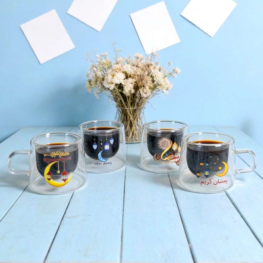1pc/4pcs 80ml Double-Layer Glass Cup With Handle, Coffee Mug With Elegant Ramadan Design, Suitable For Coffee, Tea, Milk, Ideal Holiday Gift
