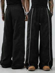 Pantalones casuales para hombres, diseño de rayas rectas, dobladillo con cordón, tela de nailon de secado rápido, pantalones anchos de corte holgado - Negro - Ver 6
