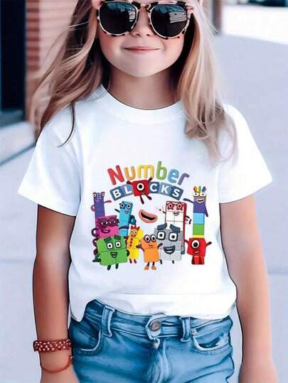 Camisetas para niños para todas las estaciones Camiseta de punto de verano para niñas brillantes - Impresión de dibujos animados de bloques de números coloridos, algodón suave, cuello redondo, manga corta, casual y cómoda para jóvenes, camisetas para niñas, regalo de cumpleaños, impresión divertida y elegante.