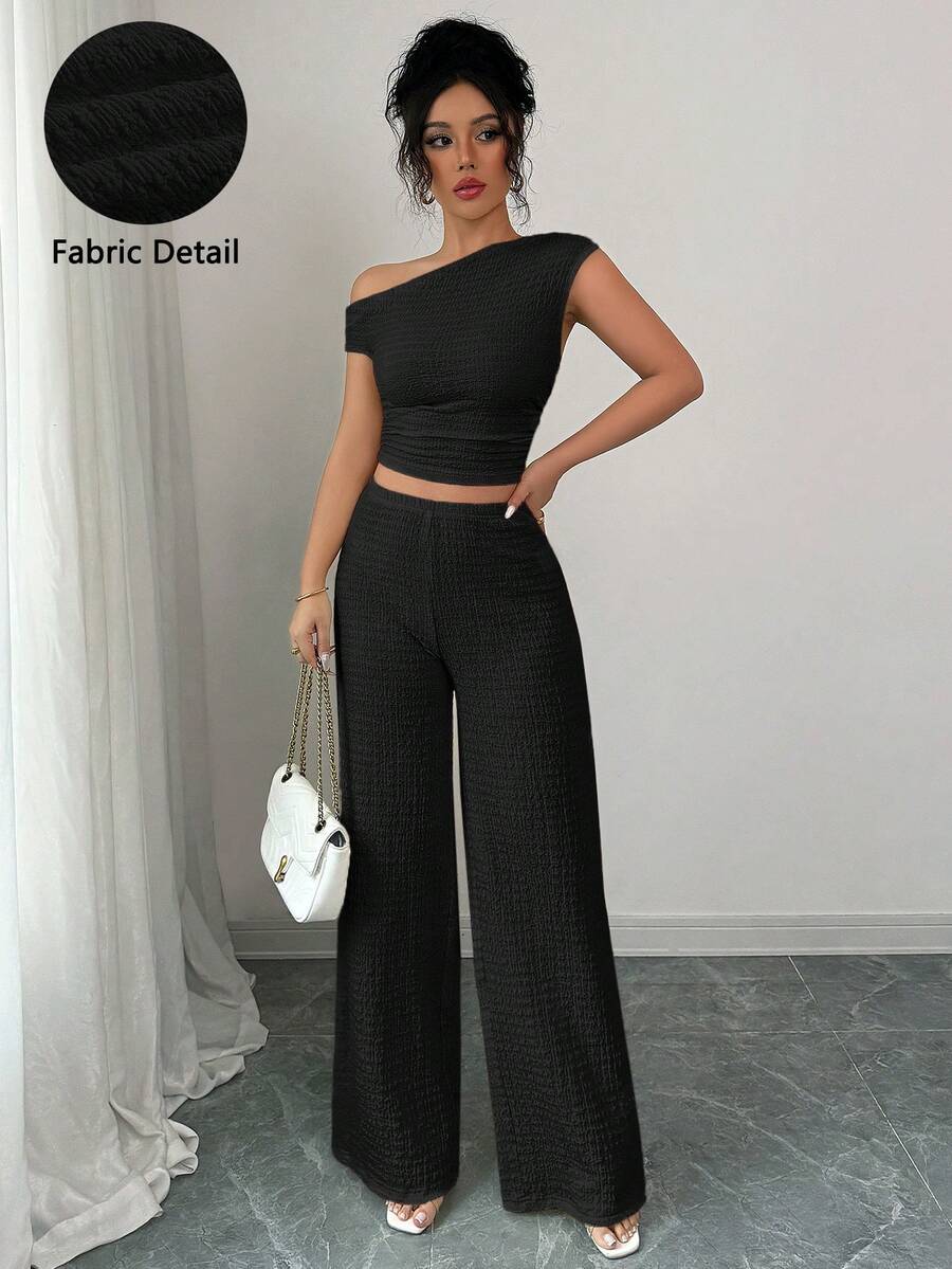 Sexy Off Shoulder Asymmetrical Neck Sleeveless Slim Fit Top And Wide Leg Pants Two Pieces Set With Knitted Textured Fabric Casual Commute Elegant Daily Vacation Beach Outfits Going Out Travel Hot Girl Style Spring And Summer New Women's Clothing - Kose - View 1