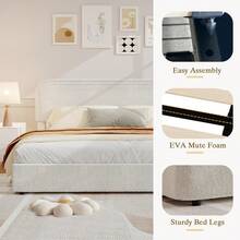 Marco de cama Boucle de tamaño completo, cama plataforma moderna con cabecero, ensamblaje fácil y sin ruido, soporte de listones de madera, color blanco beige - Beis - Ver 5