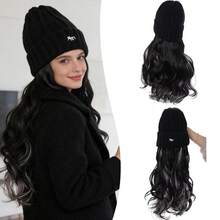 Women's Knitted Knitted Hat Wig - Curly Style (Ombre Misty Blue), Soft Synthetic Fiber Material, Cute Fox Embroidery Design, Suitable For Daily Wear, Casual Outings And Quick Styling In Winter - Multicolor - View 1