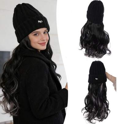 Women's Knitted Knitted Hat Wig - Curly Style (Ombre Misty Blue), Soft Synthetic Fiber Material, Cute Fox Embroidery Design, Suitable For Daily Wear, Casual Outings And Quick Styling In Winter