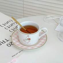 韩式复古陶瓷兔子茶杯碟套装，可爱女孩法式下午茶、早餐甜点盘、茶杯、水杯、茶杯碟套装 - 彩色 - 查看 3