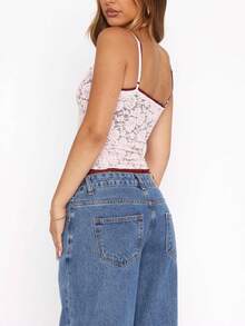 Womens Floral Lace Camisole Crop Top, Tie Front Spaghetti Strap Tank, Sheer Backless Summer Party Top - 粉色 - 查看 5