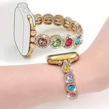 1pc Fashion Bracelet Watch Band, Compatible With 38-49mm Bands, Decorated With Colorful Crystal Elastic Strap, Fits Models And 20/22mm Lug Width Smart Watches Like Galaxy Watch, Suitable As Valentine's Day Gift (Band Only) - Gold - View 2