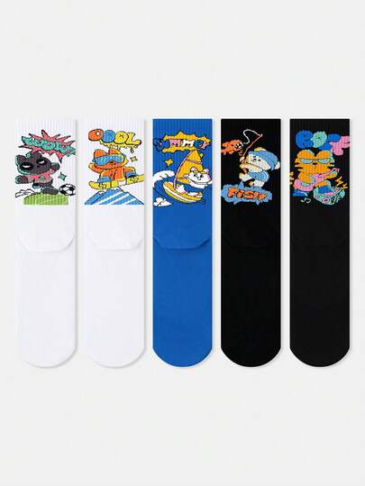 1/5 pares de calcetines de tripulación estampados con diseño artístico de gato de dibujos animados, unisex, adecuados para viajes, hogar, oficina, regalos festivos
