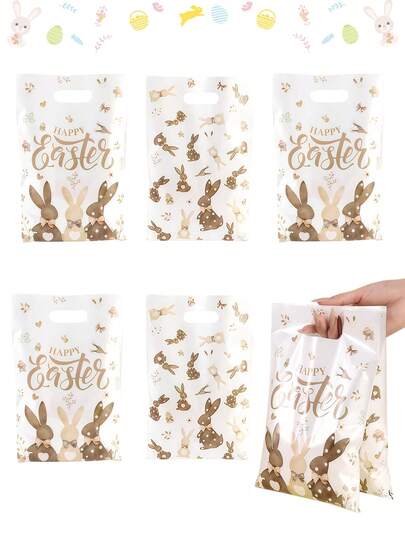 25 pièces Sacs de faveur de fête de lapin de Pâques, sacs en plastique étanches à bonbons de lapin de Pâques heureux avec poignées découpées, sacs à bonbons rectangulaires pour la décoration de fête et les faveurs