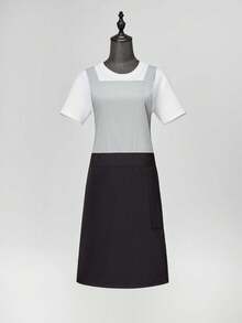 撞色交叉后背烹饪围裙，男女通用，带口袋，宽肩带，侧开衩设计方便活动，时尚美观，适合烘焙、绘画、制作珍珠奶茶、火锅、餐饮服务（黑色+灰色） - 黑色 - 查看 2