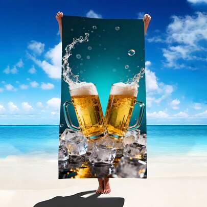 1pc Ice Cold Beer Themed Summer Style Beach Towel, Super Soft Microfiber Extra Large Beach Blanket, Super Absorbent Bath Towel, Suitable For Travel, Pool, Diving, Surfing, Yoga, Camping, Available In Multiple Sizes, Beach Accessory For Beach, Pool, Travel, Camping, Yoga Bathroom Decor