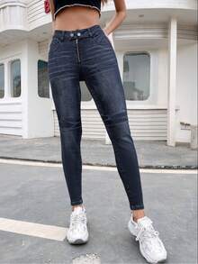 Happy Girl休闲弹力腰拉链牛仔裤，春夏百搭，适合休闲、时尚、日常穿着、生日派对、返校派对、单身派对、旅行、机场、下午茶派对等场合。 - 黑色 - 查看 3