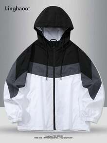 Driftmere Men's Autumn/Winter Contrast Color Drawstring And Zipper Closure Hooded Jacket - Black and White - View 5