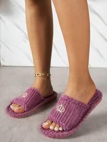 女士家居拖鞋，皇冠仙女图案面料，时尚休闲室内鞋，秋冬款 - 紫色 - 查看 9