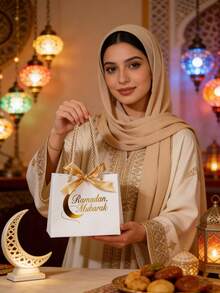 10pcs/1pc Eid Mubarak Bowknot Gift Boxes, Eid Bowknot Gift Boxes With Ribbons, Foil Stamping Craft, Suitable For Eid Festival - White [with Gold Ribbon Tote Bag] - View 2