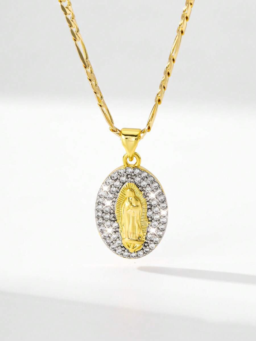 1pc Classic European Style Copper Inlaid Zirconia Guadalupe Virgin Mary Pendant Necklace, Limited Edition, Suitable As Gift For Christmas, Thanksgiving, Halloween, Mother's Day, Valentine's Day, Friends, Godparents, First Holy Communion, Daily Wear And Prayer - Yellow Gold - View 1