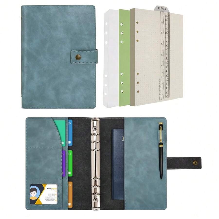 Wonderpool Leather Journal Refillable Notebook Spiral Diary Binder Portfolio - A5 Dot Grid Paper & Inner Pockets For Travel Work And Personal Organizer (Lake Blue, A5) - 湖藍 - 查看 1