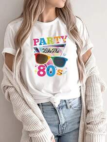 Camiseta gráfica de cultura musical disco, estilo vintage, texto colorido con gafas retro y patrón de elemento de relámpago, llena de nostalgia de la cultura de las fiestas, camiseta de mujer, cómoda de cuello redondo, blusas de mujer, otoño de mujer, diaria casual, otoño e invierno de mujer, parte superior de abrigo de mujer - Blanco - Ver 9