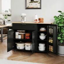 L132.5*W44 (70)*H90cm Large Mobile Kitchen Table, With Folding Top, Oak Pattern, Multifunctional Cabinet, Spice Rack, Towel Rack, Five Wheels, Ideal For Kitchen/Dining Room/Home.