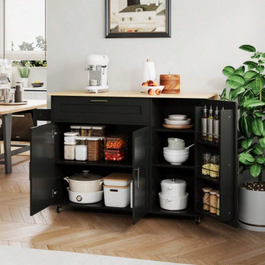 L132.5*W44 (70)*H90cm Large Mobile Kitchen Table, With Folding Top, Oak Pattern, Multifunctional Cabinet, Spice Rack, Towel Rack, Five Wheels, Ideal For Kitchen/Dining Room/Home.