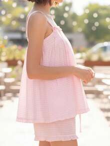 Women's Plaid Shorts Outfit Loose Fit Stylish Bows Ruffled Trim Spaghetti Strap Tops And Shorts 2 Pcs Set - Pink - View 7