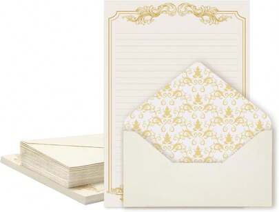 XXINMOH 90 Pieces Stationery Set With Envelopes (60 Vintage-Style Paper Sheets + 30 Envelopes), Gold Border Letter Writing Paper And Envelopes For Love Letter, Party Invitations
