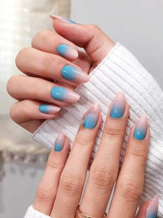 24 uñas postizas de forma de almendra cortas, degradado francés azul pastel y rosa, uñas de almendra lindas, adecuadas para chicas/mujeres en citas, regalos, manicura de oficina diaria, incluye 1 pieza de gel de gelatina y 1 pieza de lima de uñas