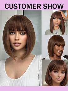 150%密度棕色短刘海波波头假发，真人发丝，无需胶水，方便女性日常佩戴。 - S4 - 查看 5
