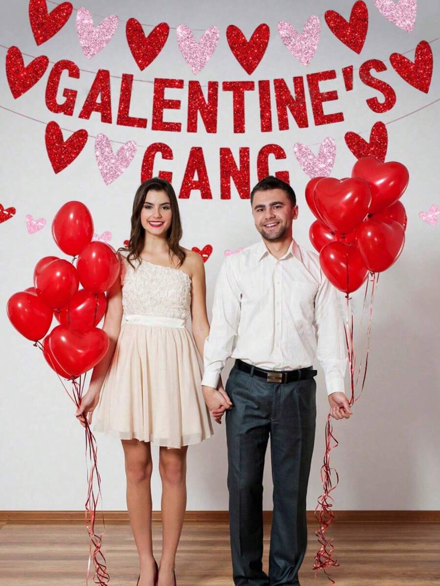 一套 GALENTINE'S GANG 粉色闪光字母横幅，情人节派对背景装饰花环，红色字母心形三角旗，闺蜜节情人节周年纪念派对装饰 - 彩色 - 查看 1