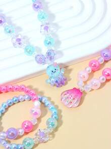 4件套女孩可爱章鱼贝壳吊坠珍珠串珠手链项链首饰套装，适合女孩日常佩戴和送礼。 - 彩色 - 查看 5