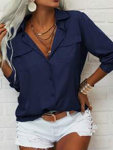 Ladies' Solid Color Lapel Long Sleeved Button Up Casual Shirt Top With Pockets, Suitable For Beach, Street, Daily, Sports, College, Business, Office, Going Out, Traveling - Blue - View 4