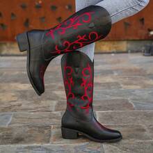 2024 New Women's Square Toe V-Shaped Embroidered Western Cowboy Boots, Outdoor Fashion Chunky Heel Retro Style Riding Boots/Fashionable Over-The-Knee Boots/Women Boots - Black - View 3