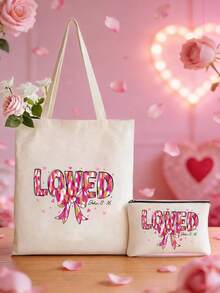 1/2个可爱爱心帆布手提袋，单面印花，可重复使用购物袋，大容量，帆布材质，爱心礼物，情人节礼物，浪漫情人节礼物，休闲风格 - 彩色 - 查看 21