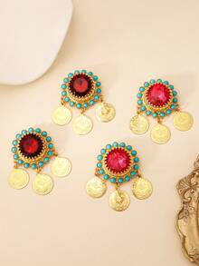 2pcs Fashion Fringed Gold Coin Brooch, Featuring Three-Dimensional Rhinestones And Imitation Turquoise Decorations. Suitable For The Middle East Region (Saudi Arabia, Kuwait). Suitable For Women To Wear On A Daily Basis, During Festivals, Or At Wedding Occasions. - Brooch - View 5