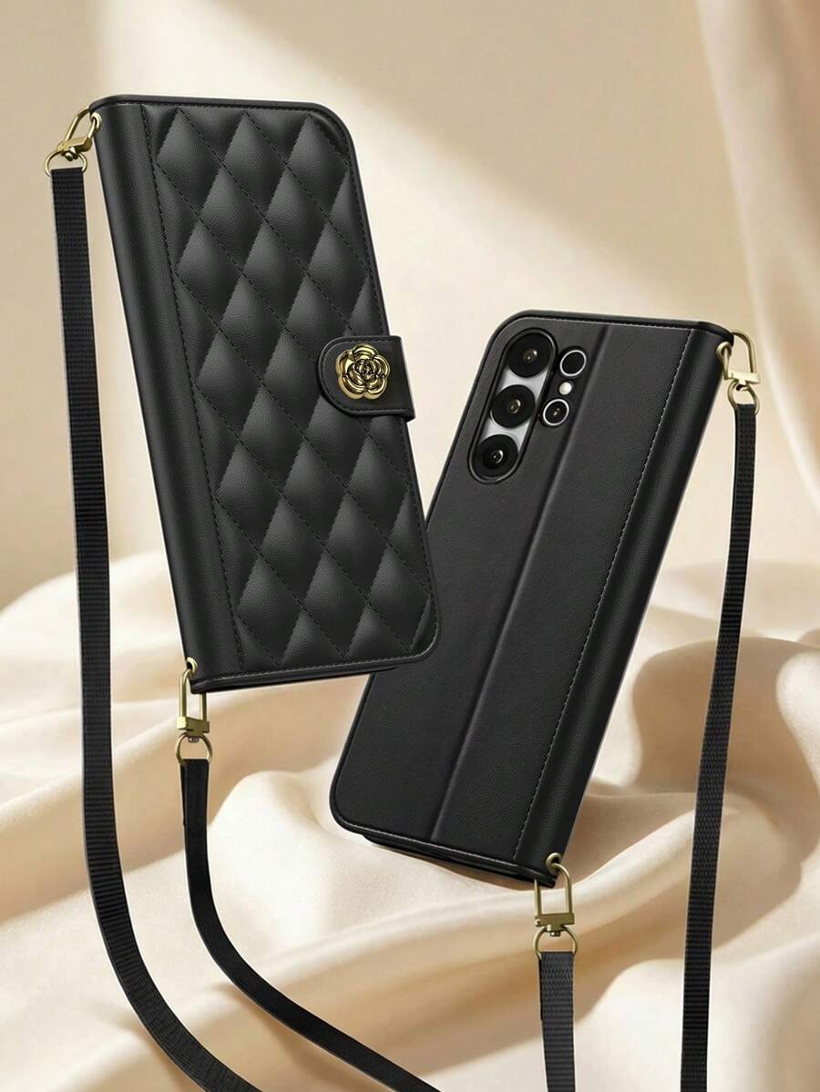 1pc Android Flip Phone Case Compatible With Samsung Galaxy S25 Ultra, Camellia Flower Pattern Wallet Phone Case Compatible With Samsung Galaxy A56, Fashion Phone Case (With Detachable Strap) Compatible With Samsung Galaxy A17/A16/A15, Card Holder Phone Case (With Adjustable Strap) For 15C/ Note 15 Pro, Minimalist Phone Case For Honor 400 - Black - View 1