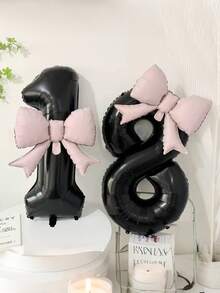 2pcs 32-Inch Number Balloon Set, Pink & Red Bow Foil Balloons, White, Red, Black & Cream 0-9 Number Balloons Suitable For Birthday Party, Anniversary Decoration - Multicolor - View 2
