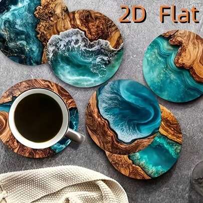 6pcs/Set Ocean & Tropical Wood Grain Pattern Wooden Coasters, Coffee Drink Mats, Suitable For Cafe, Office, Kitchen, Dining Room, Birthday, Christmas Party Gifts, Perfect Housewarming Gifts, 1 Set Of 6, 300 Sets Of 1800 Pieces