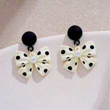 Simple Temperament Bow Polka Dot Earrings Fashionable Cute Black And White Polka Dot Drop Dangle Earrings For Women Jewelry Gifts - 黑色蝴蝶結耳環 - 查看 2