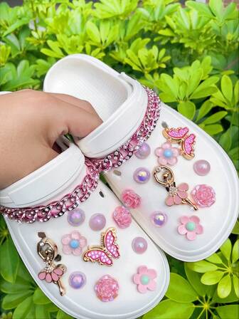 22pcs DIY Pink Rhinestone Chain, Detachable Pink Butterfly Ballerina Shoe Decorative Buttons, Suitable For Beach Shoes, Hollow Shoes, Holiday Gifts, All Seasons