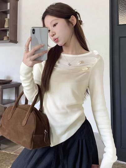 French Design Floral Ruffle Long Sleeve T-Shirt For Women, Asymmetrical Fitted Autumn Top