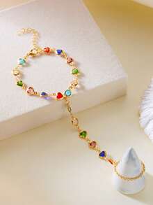 1件波西米亚风彩色水晶心形链条戒指手链，适合日常、约会、度假佩戴，可作为礼物送给朋友、女朋友或情人节礼物。 - 彩色 - 查看 2