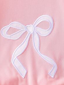 两件套女婴休闲时尚蝴蝶结刺绣短袖T恤上衣和3D蝴蝶结毛边牛仔长裤套装 - 粉色 - 查看 4