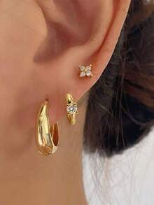 Nooxian 3pcs/Set Fashionable & Elegant Clover, Single Diamond, Geometric Oval Hoop Earrings, Suitable For Daily Wear And Vacation - Yellow Gold - View 1