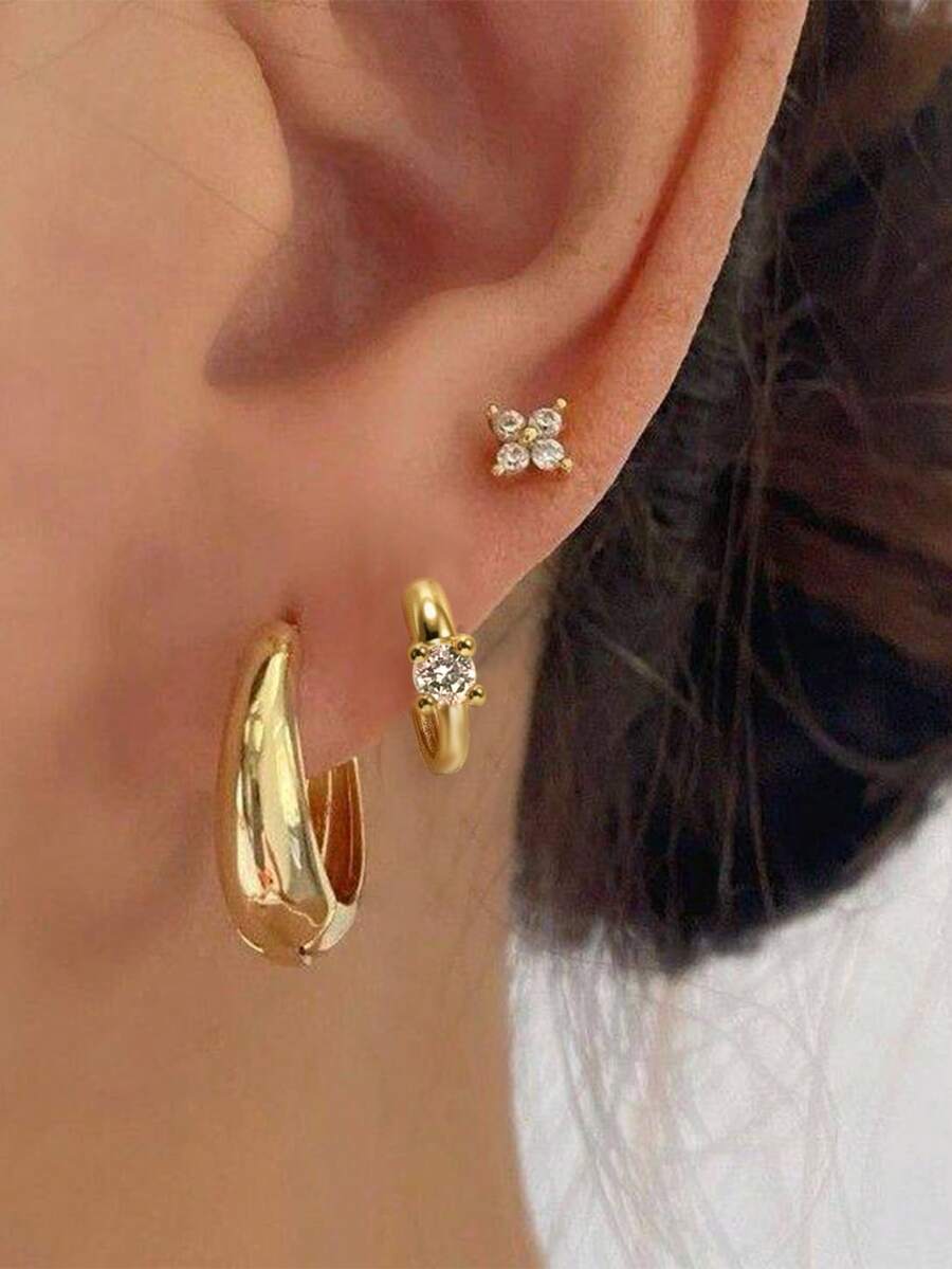 Nooxian 3pcs/Set Fashionable & Elegant Clover, Single Diamond, Geometric Oval Hoop Earrings, Suitable For Daily Wear And Vacation - Yellow Gold - View 1